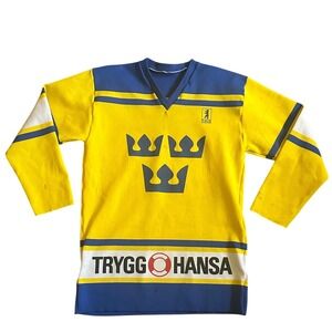 Vintage TIBAS Sweden‎ Hockey Jersey Three Crowns Trygg Hansa Yellow Blue